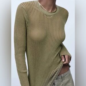 Zara Ribbed Sheer Long Sleeve T Shirt Green NWT